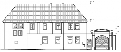 Zaměření původního stavu. Pohled na budovu vedlejšího statku ze západu.